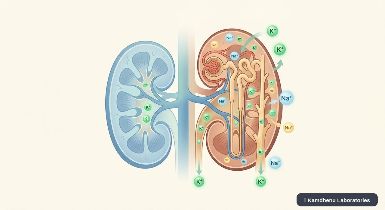 Editorial illustration representing Hypokalaemia for the Kamdhenu Laboratories educational wellness blog.