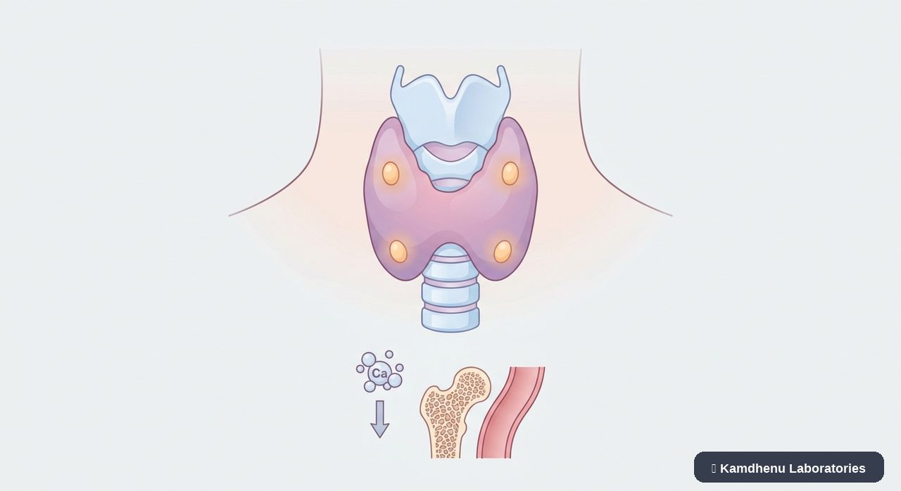Editorial illustration representing Hypoparathyroidism for the Kamdhenu Laboratories educational wellness blog.