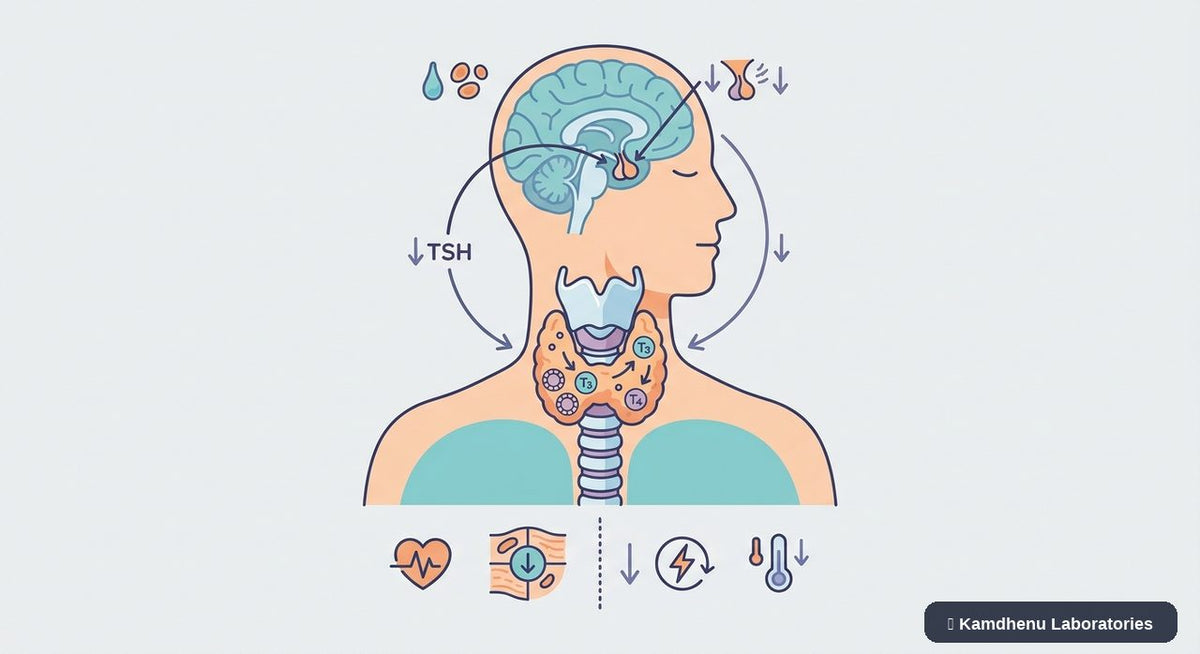 Editorial illustration representing Hypothyroidism for the Kamdhenu Laboratories educational wellness blog.