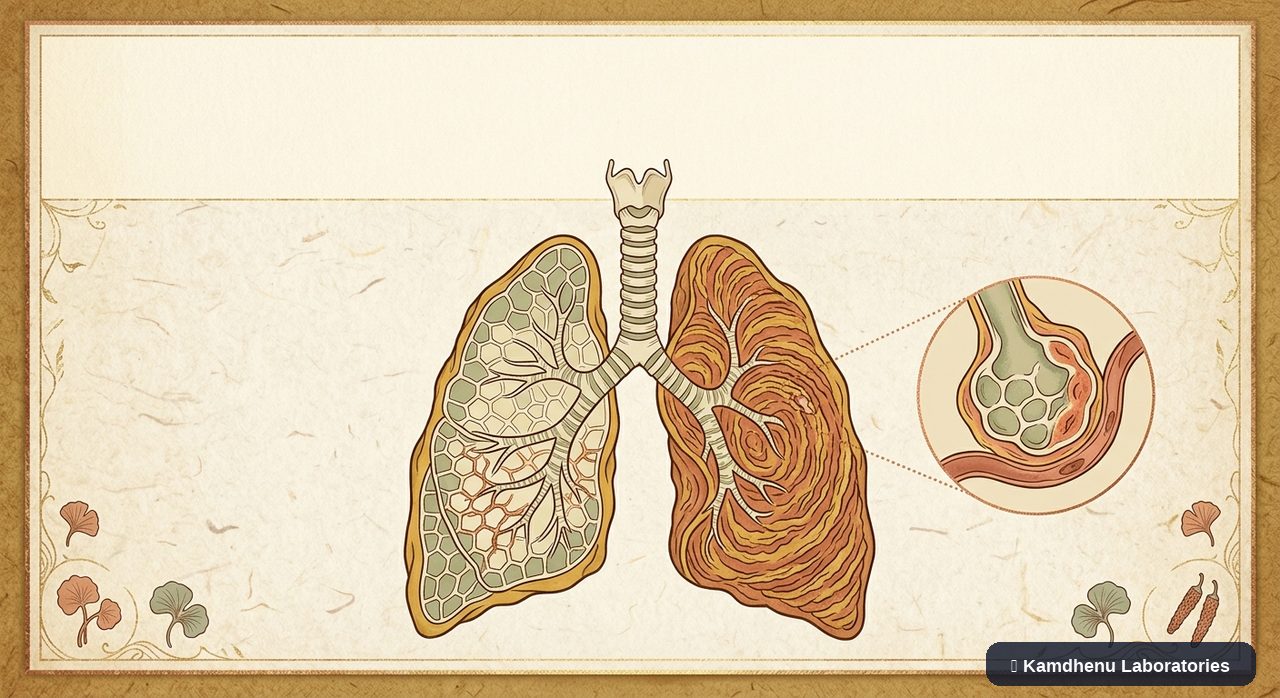 Editorial illustration representing Idiopathic pulmonary fibrosis for the Kamdhenu Laboratories educational wellness blog.