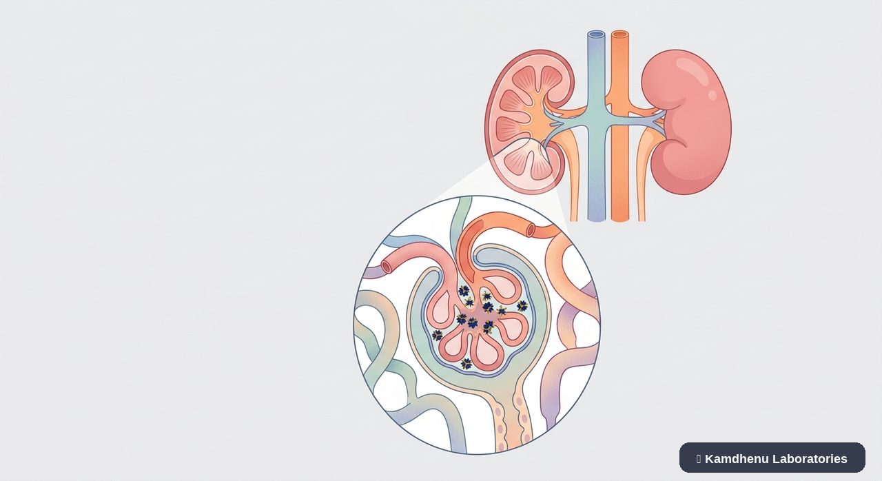 Editorial illustration representing IgA nephropathy for the Kamdhenu Laboratories educational wellness blog.
