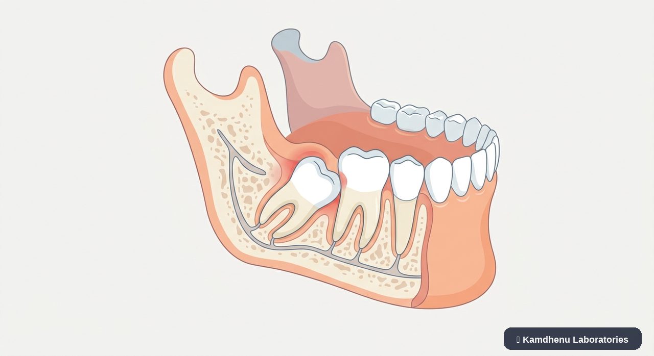 Editorial illustration representing Impacted wisdom tooth for the Kamdhenu Laboratories educational wellness blog.