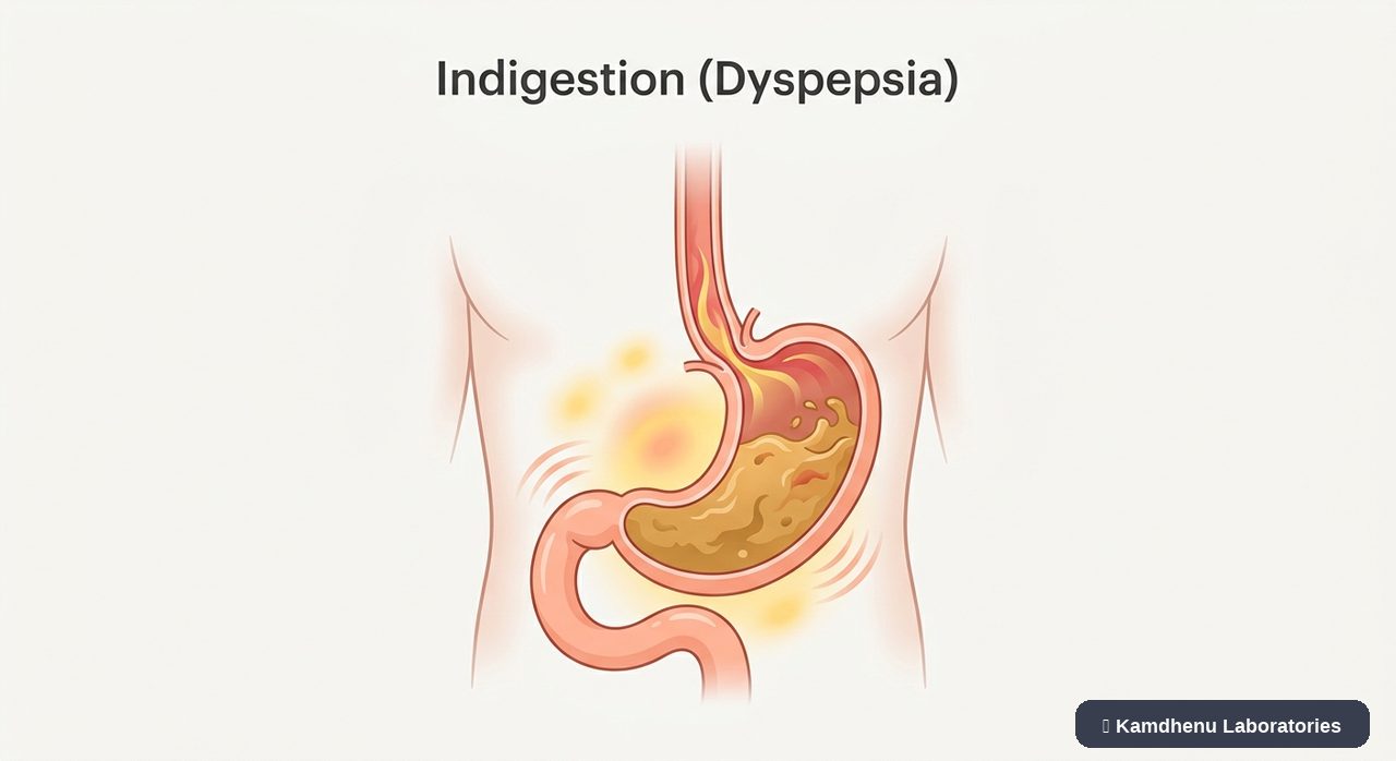 Editorial illustration representing Indigestion (Dyspepsia) for the Kamdhenu Laboratories educational wellness blog.
