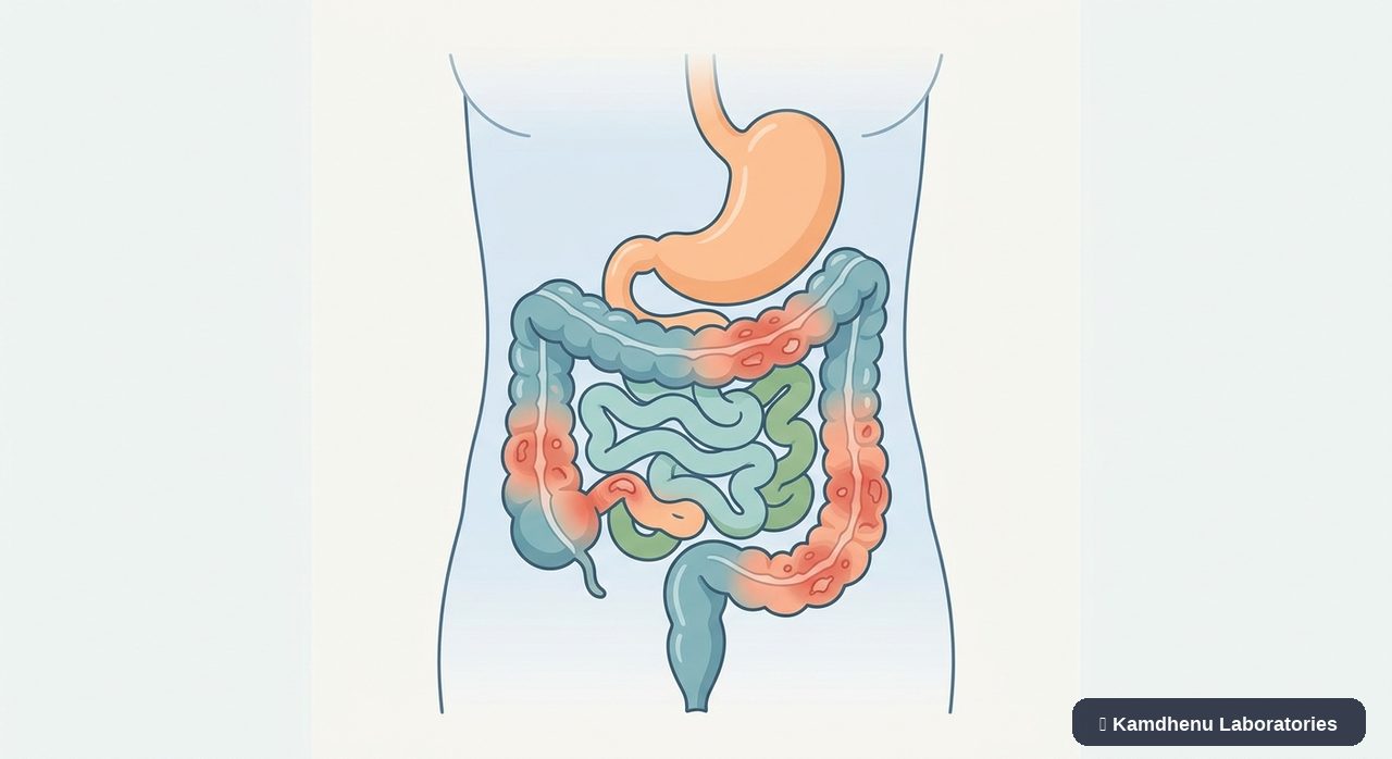 Editorial illustration representing Inflammatory bowel disease (IBD) for the Kamdhenu Laboratories educational wellness blog.
