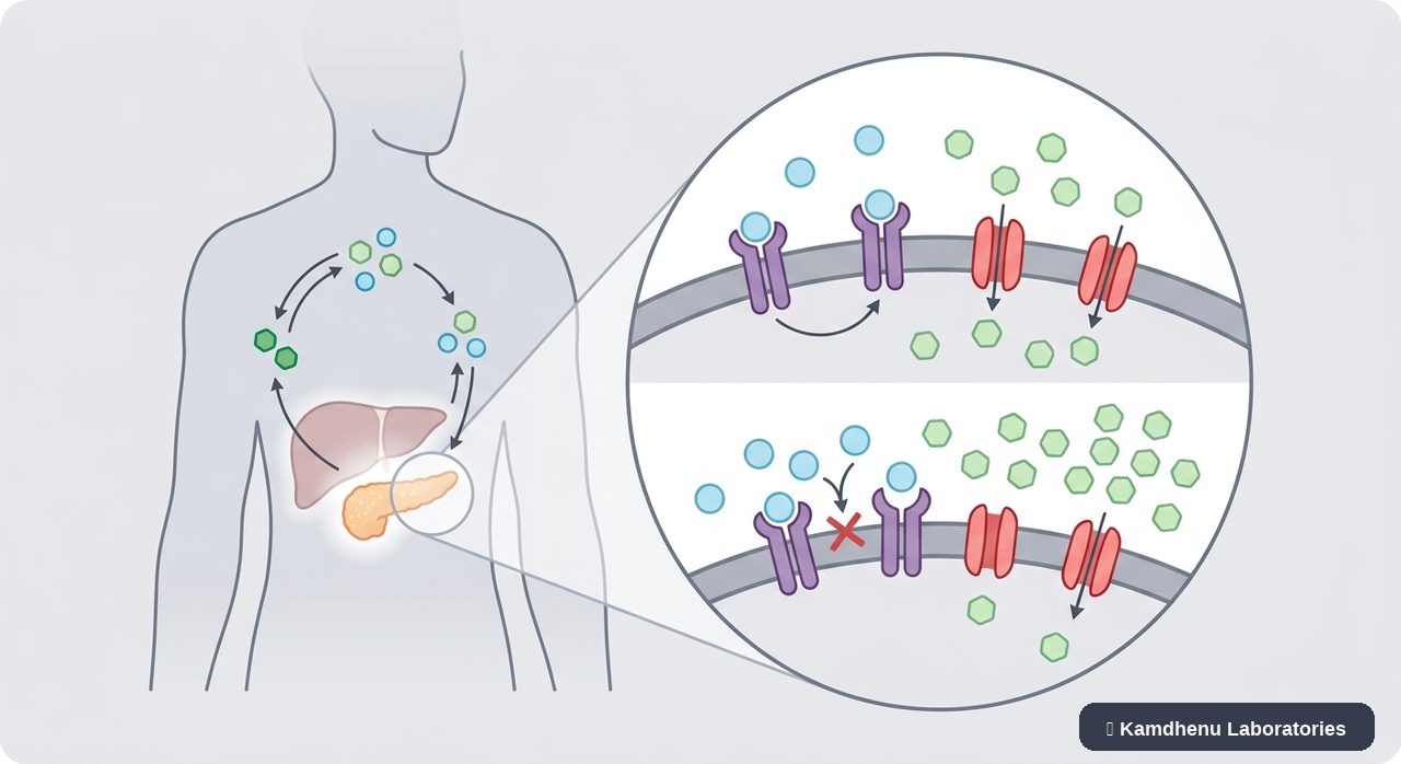 Editorial illustration representing Insulin resistance for the Kamdhenu Laboratories educational wellness blog.