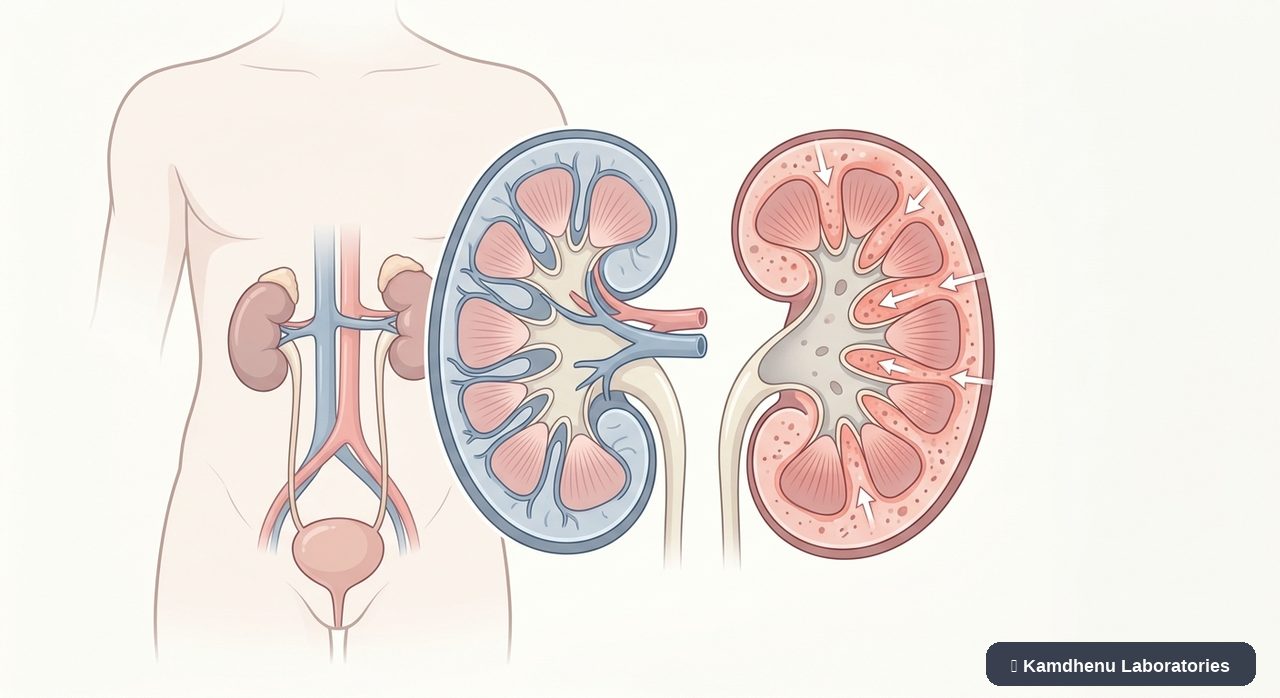 Editorial illustration representing Interstitial nephritis for the Kamdhenu Laboratories educational wellness blog.