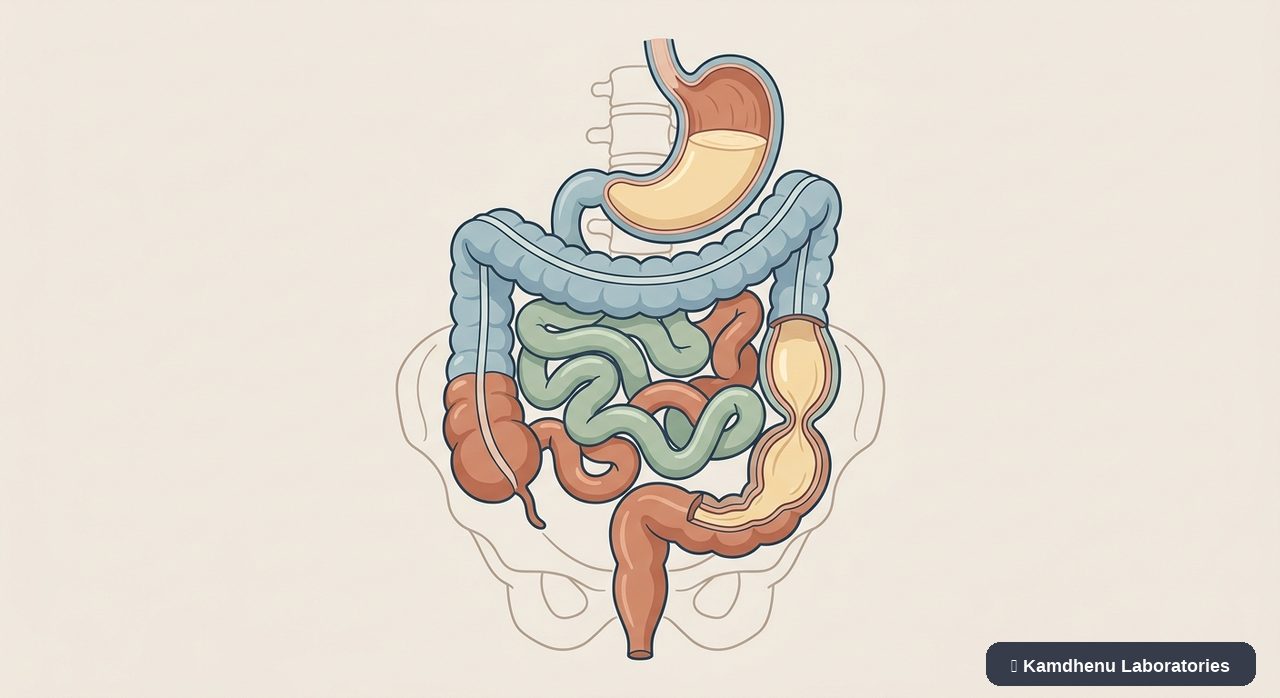Editorial illustration representing Intestinal obstruction for the Kamdhenu Laboratories educational wellness blog.