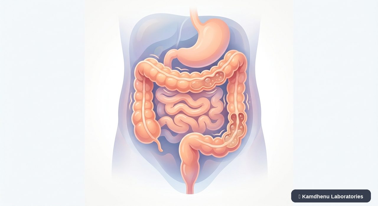 Editorial illustration representing Irritable bowel syndrome (IBS) for the Kamdhenu Laboratories educational wellness blog.