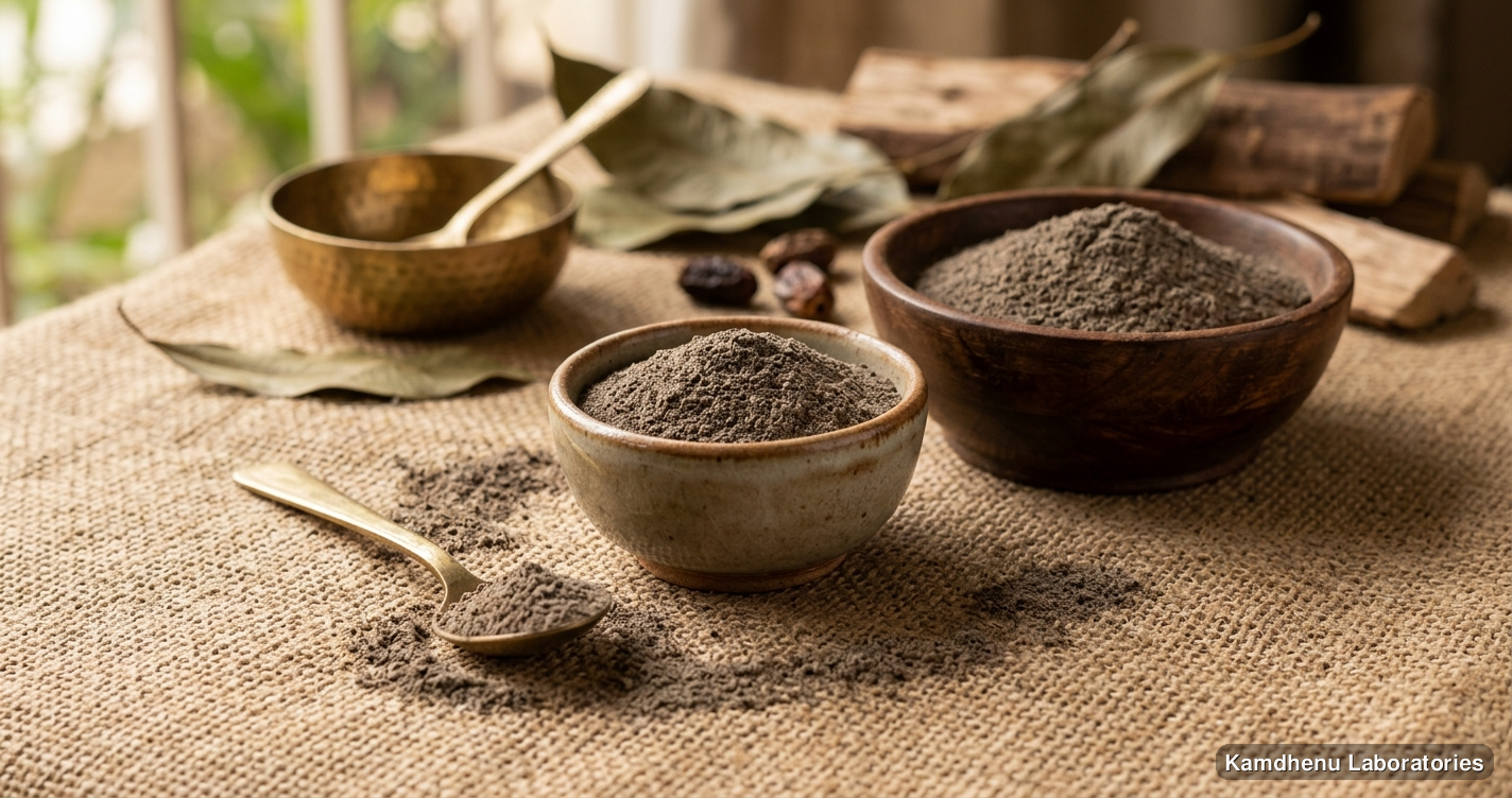 Ayurvedic powder — Jamun Guthli ( Eugenia Jambolana ) Powder 100 Gm and 250 Gram, photographed in a wellness setting