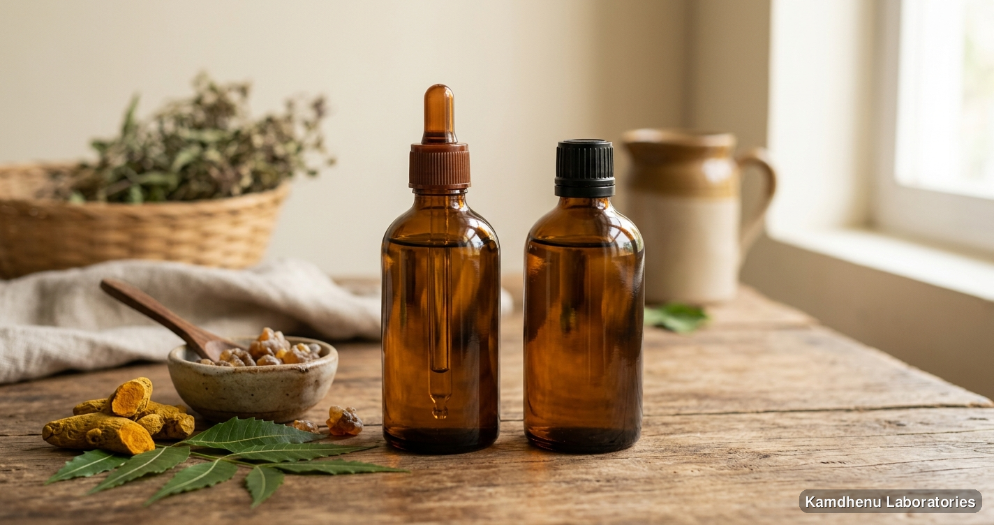 Ayurvedic oil — Jatyadi Taila 100 Ml & 100 Ml, photographed in a wellness setting