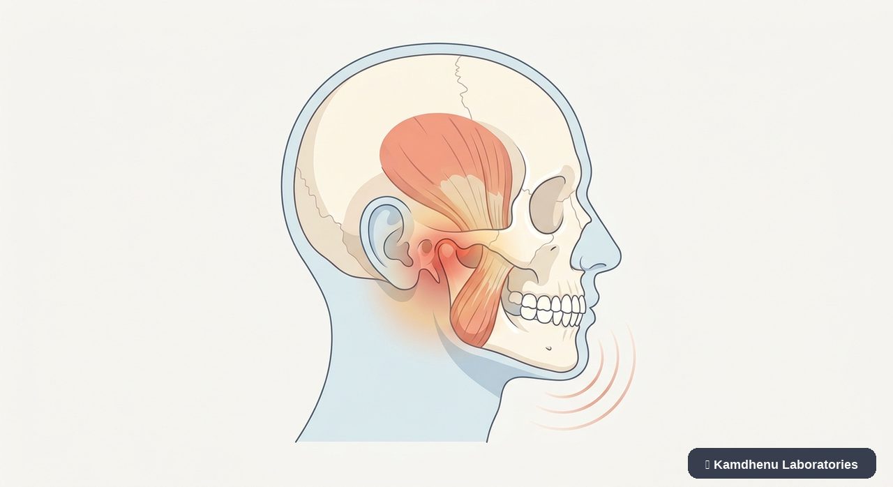 Editorial illustration representing Jaw pain for the Kamdhenu Laboratories educational wellness blog.