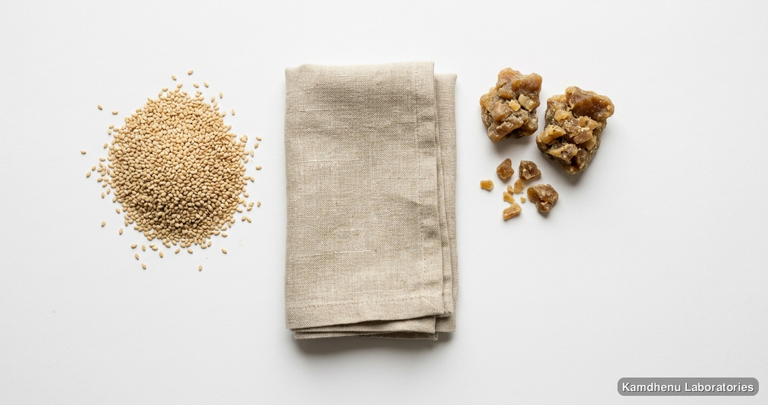 Kam-C-Oil — Ayurvedic oil containing til, hing. Clean product photograph on a soft light background.