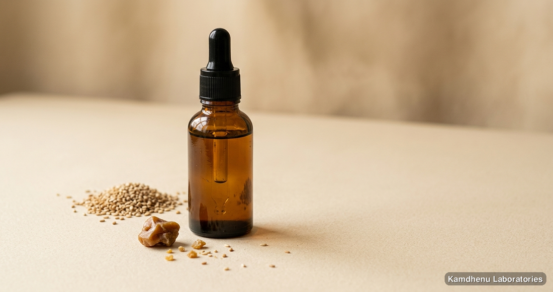 Ayurvedic oil — Kam-C-Oil featuring til, hing, photographed in a wellness setting
