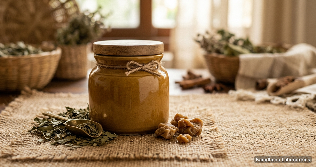Ayurvedic product — Kam C Pak | 200Gm featuring hing, photographed in a wellness setting