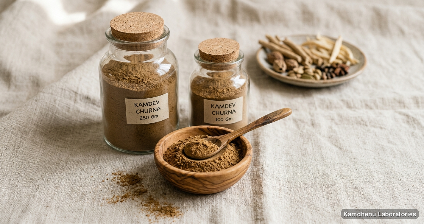 Ayurvedic powder — Kamdev Churna 250 Gm and 100 Gm, photographed in a wellness setting
