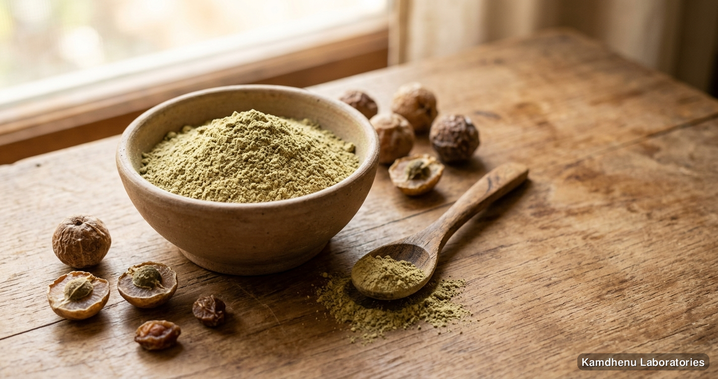 Ayurvedic powder — Kamdhenu Amla (Awala) Powder – 250g & 100g featuring amla, photographed in a wellness setting
