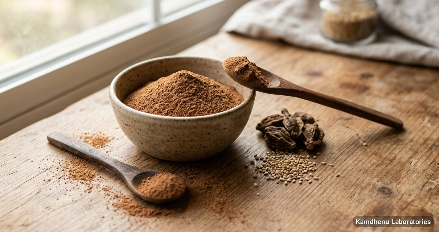 Ayurvedic powder — Kamdhenu Arjun Chaal Powder — Arjuna Bark Powder featuring arjuna, til, photographed in a wellness setting