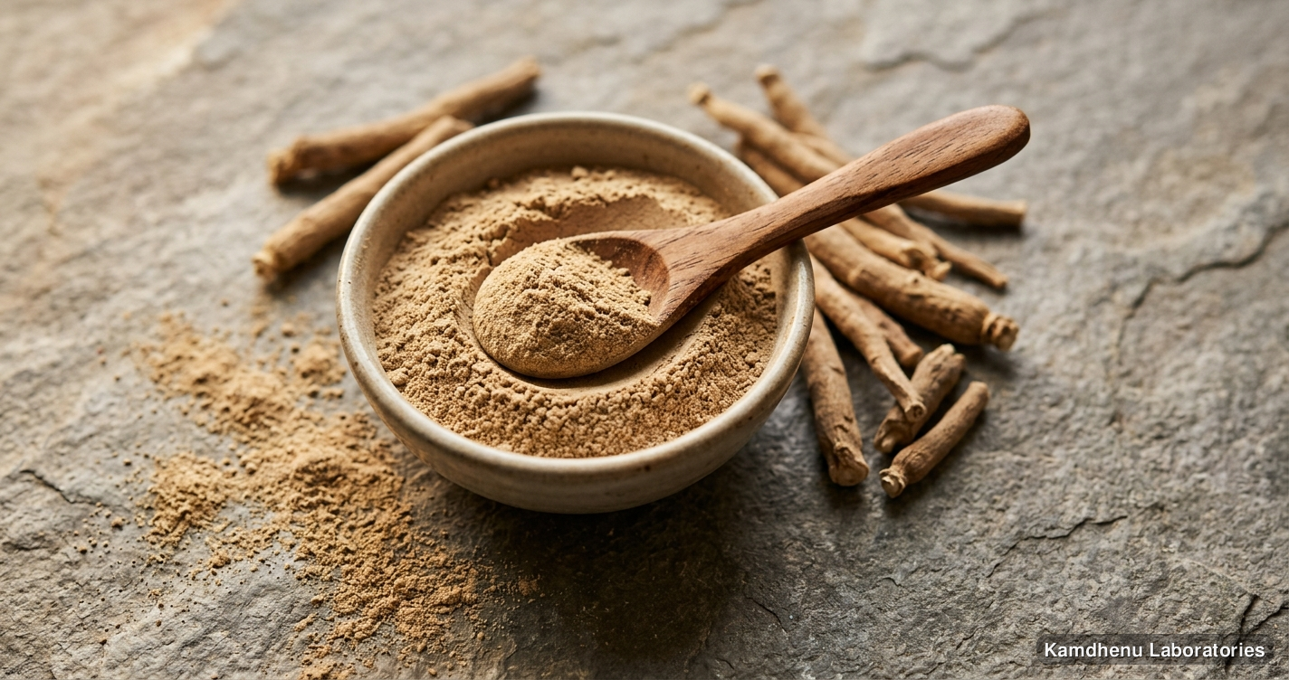Ayurvedic powder — Kamdhenu Ashwagandha Powder — Withania somnifera featuring ashwagandha, photographed in a wellness setting