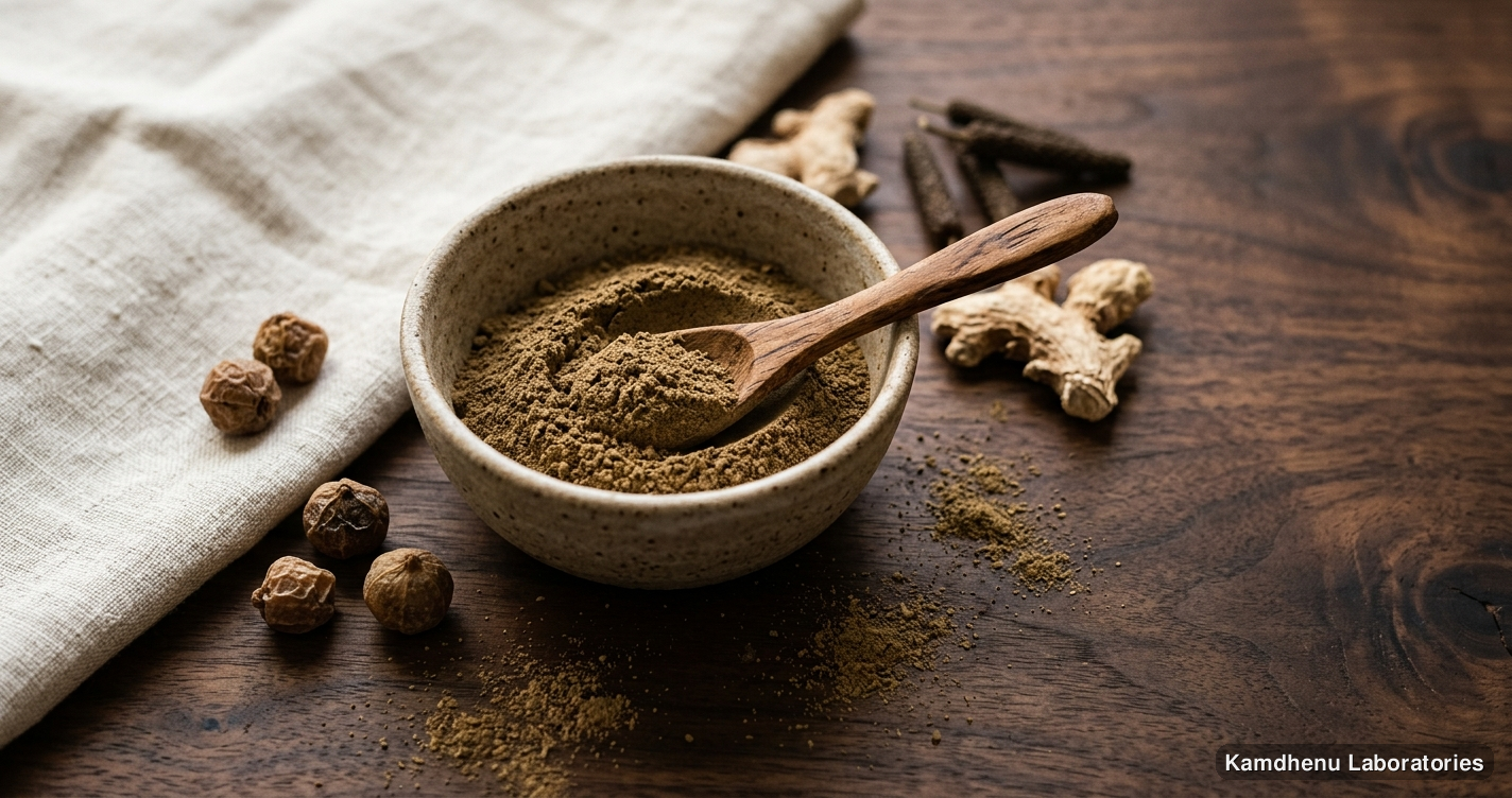 Ayurvedic powder — Kamdhenu Avipattikar Churna — 250 Gm & 100 Gm featuring amla, ginger, pippali, photographed in a wellness setting