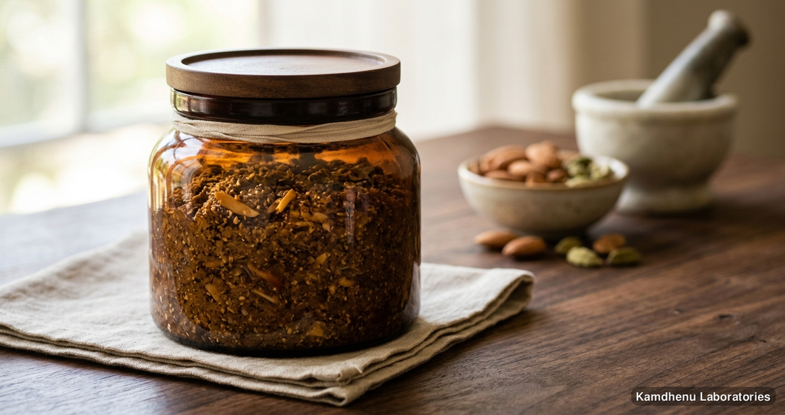 Ayurvedic product — Kamdhenu Badam Pak — 200GM, photographed in a wellness setting