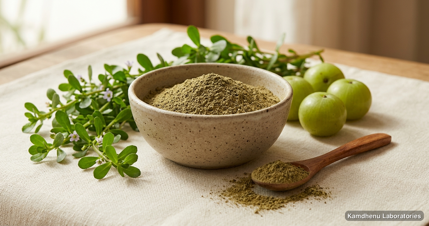 Ayurvedic powder — Kamdhenu Brahmi Powder — Bacopa Monnieri (Ayurvedic Herb) featuring brahmi, amla, photographed in a wellness setting