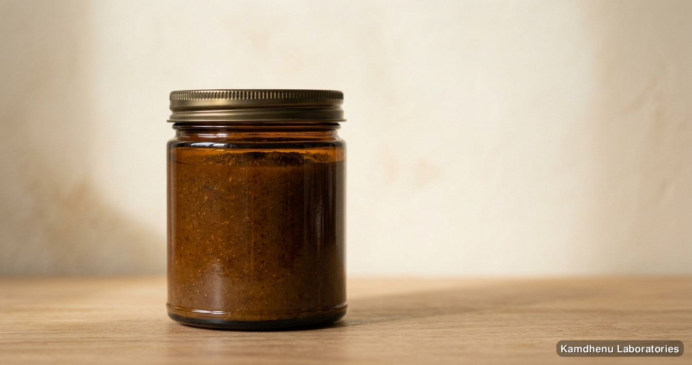 Ayurvedic product — Kamdhenu Erand Pak — 200GM, photographed in a wellness setting
