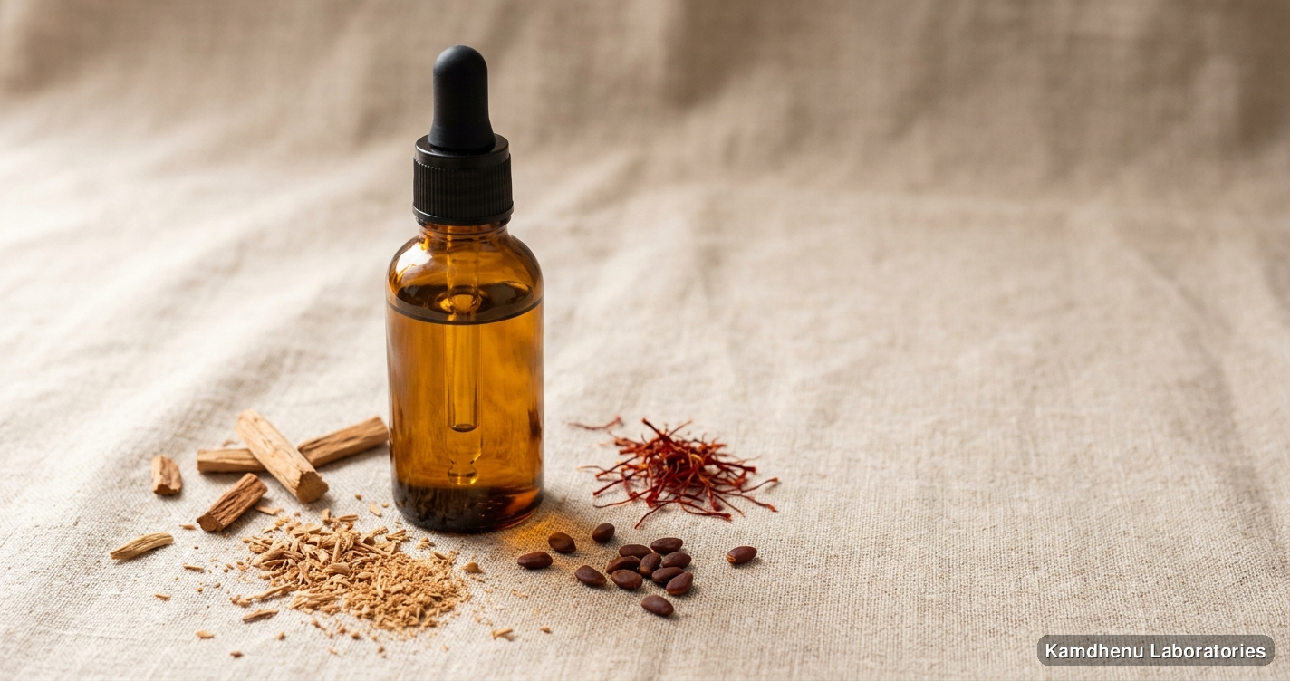 Ayurvedic oil — Kamdhenu Kumkumadi Taila 100 ml – Ayurvedic Face Oil featuring chandan, sandalwood, kesar, photographed in a wellness setting