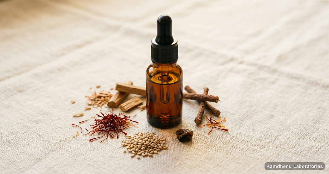 Ayurvedic oil — Kamdhenu Kumkumadi Taila 15 ml – Ayurvedic Face Oil featuring sandalwood, saffron, kumkumadi, photographed in a wellness setting