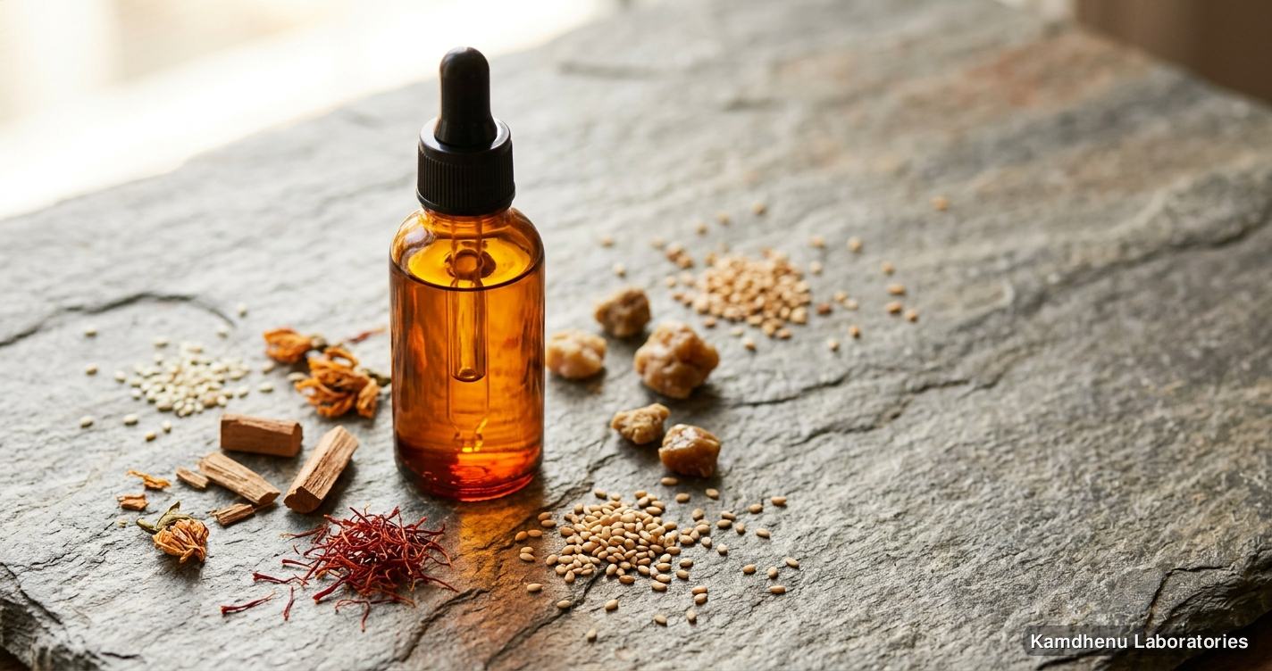 Ayurvedic oil — Kamdhenu Kumkumadi Taila 30 ml – Ayurvedic Face Oil featuring sandalwood, saffron, kumkumadi, photographed in a wellness setting
