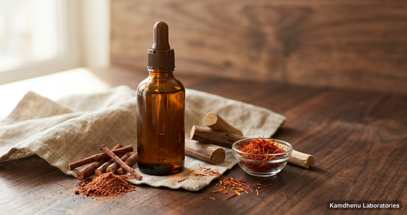 Ayurvedic oil — Kamdhenu Kumkumadi Taila 50 ml – Ayurvedic Face Oil featuring manjistha, chandan, sandalwood, photographed in a wellness setting