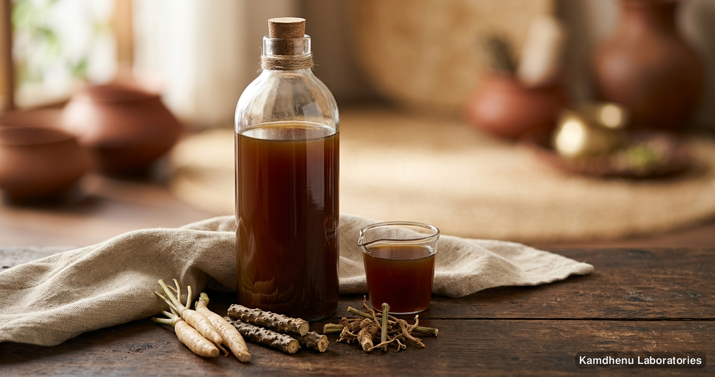 Ayurvedic juice — Kamdhenu Maharasnadhi Kwath Kan – Ayurvedic Herbal Decoction featuring shatavari, giloy, punarnava, photographed in a wellness setting
