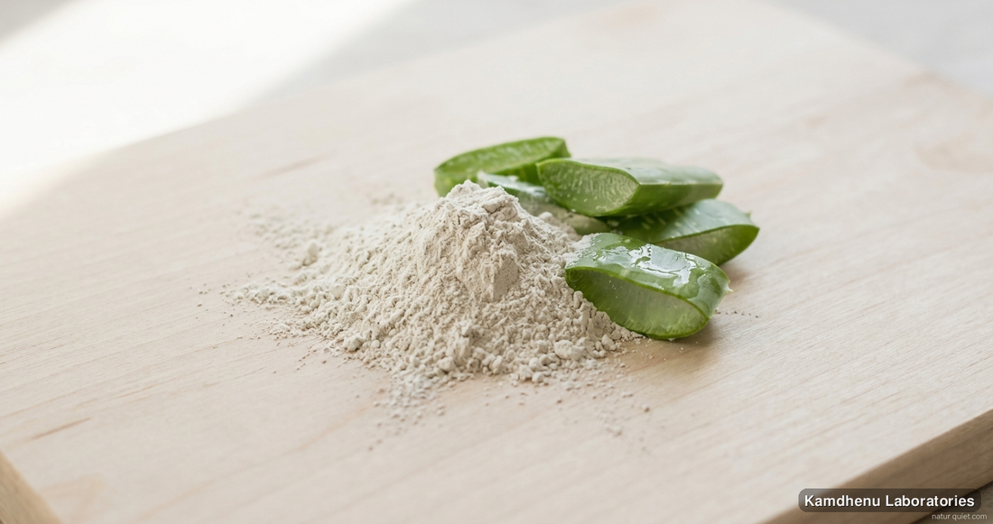 Kaolin Clay | 600 gm — Ayurvedic product containing aloe vera. Clean product photograph on a soft light background.