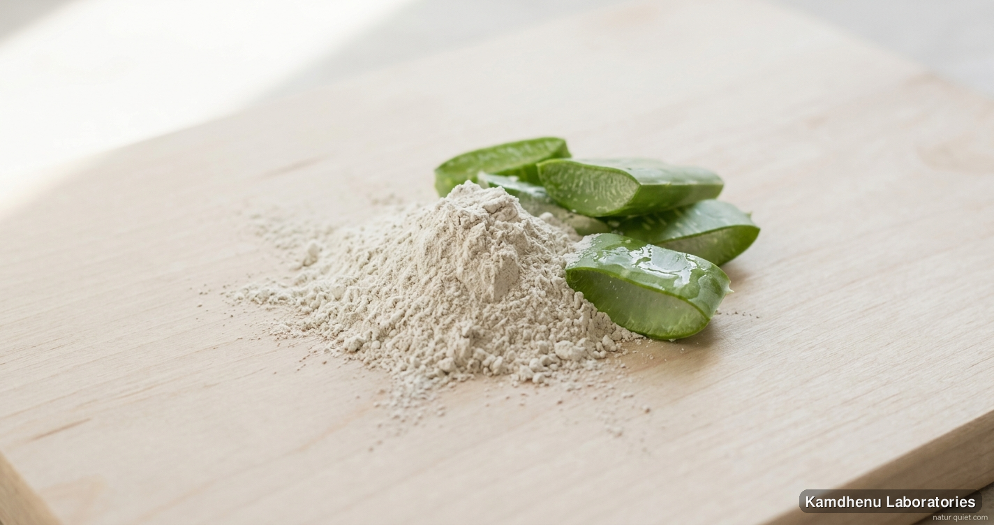 Kaolin Clay | 600 gm — Ayurvedic product containing aloe vera. Clean product photograph on a soft light background.