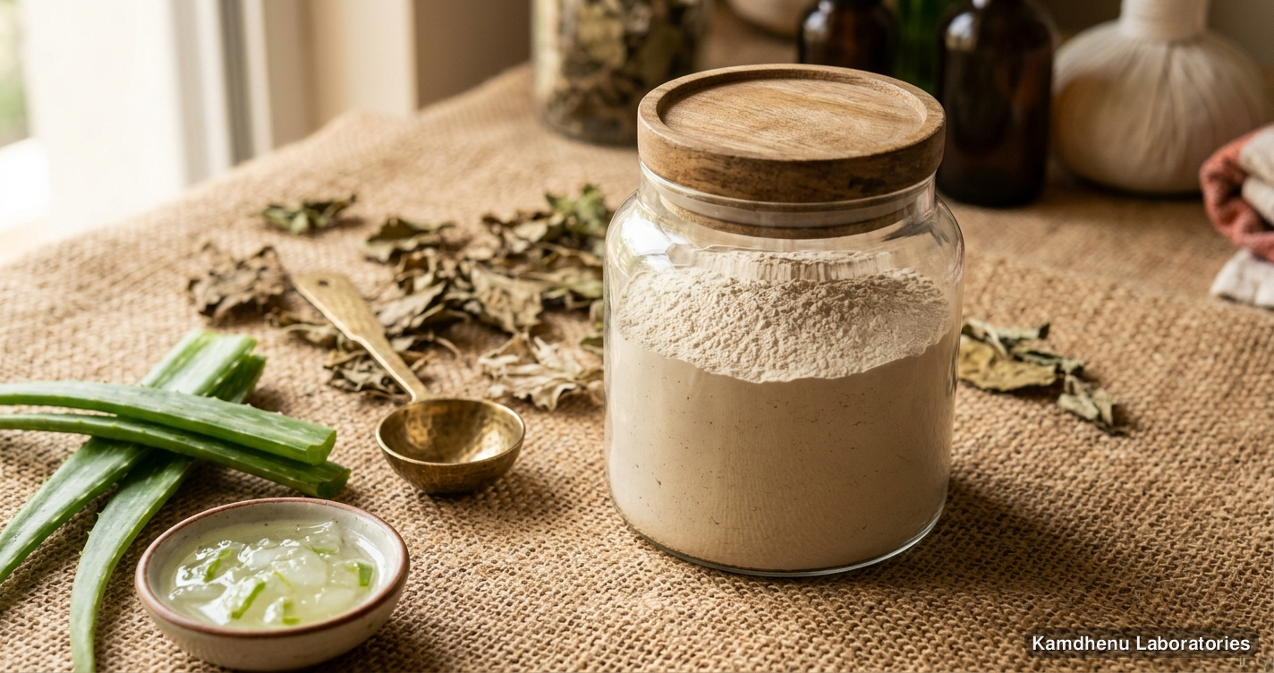 Ayurvedic product — Kaolin Clay | 600 gm featuring aloe vera, photographed in a wellness setting