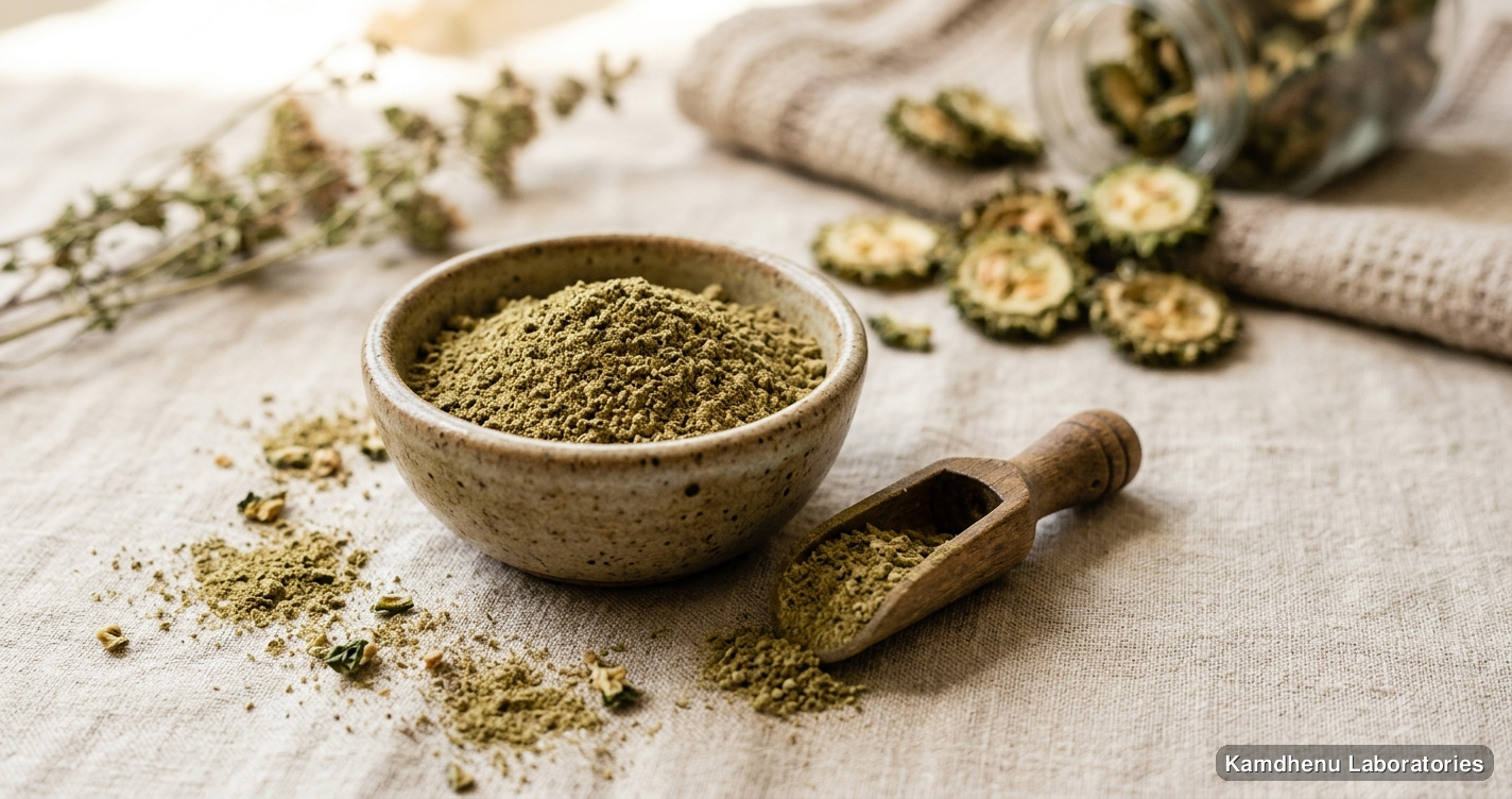 Ayurvedic powder — Karela Powder (Momordica charantia), photographed in a wellness setting