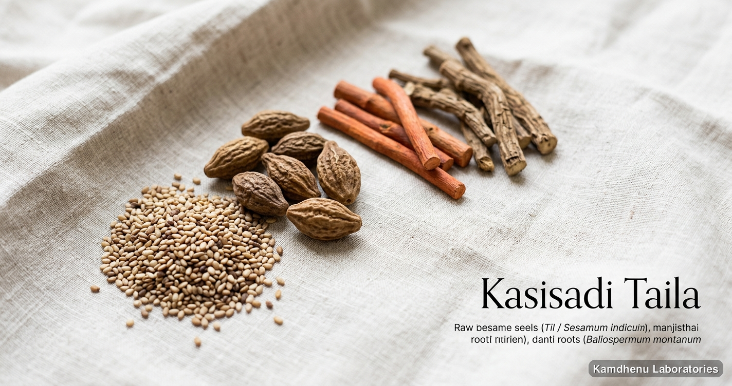 Kasisadi Taila — Ayurvedic oil containing til. Clean product photograph on a soft light background.