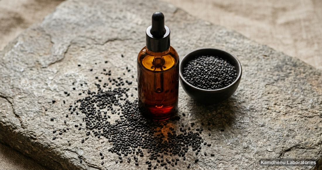 Ayurvedic oil — Kasisadi Taila featuring til, photographed in a wellness setting