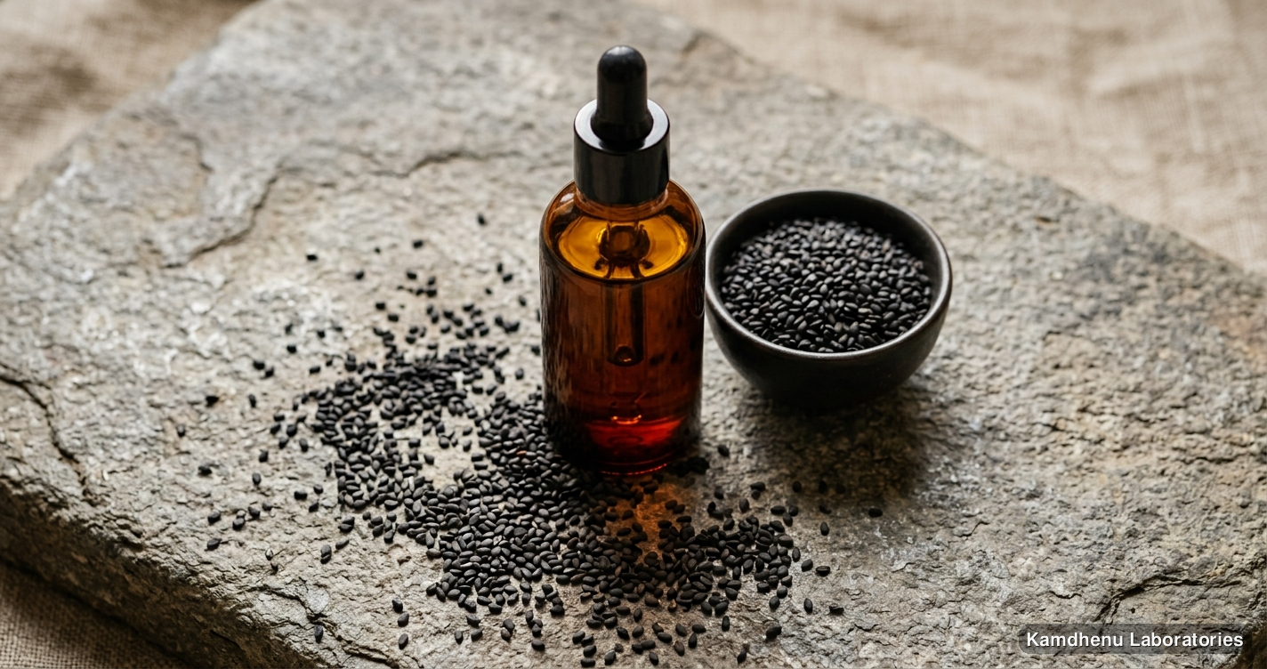 Ayurvedic oil — Kasisadi Taila featuring til, photographed in a wellness setting