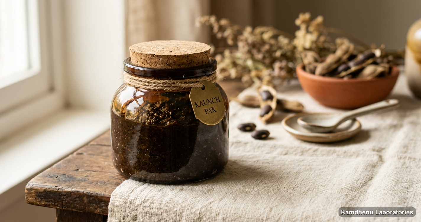 Ayurvedic product — Kaunch Pak, photographed in a wellness setting