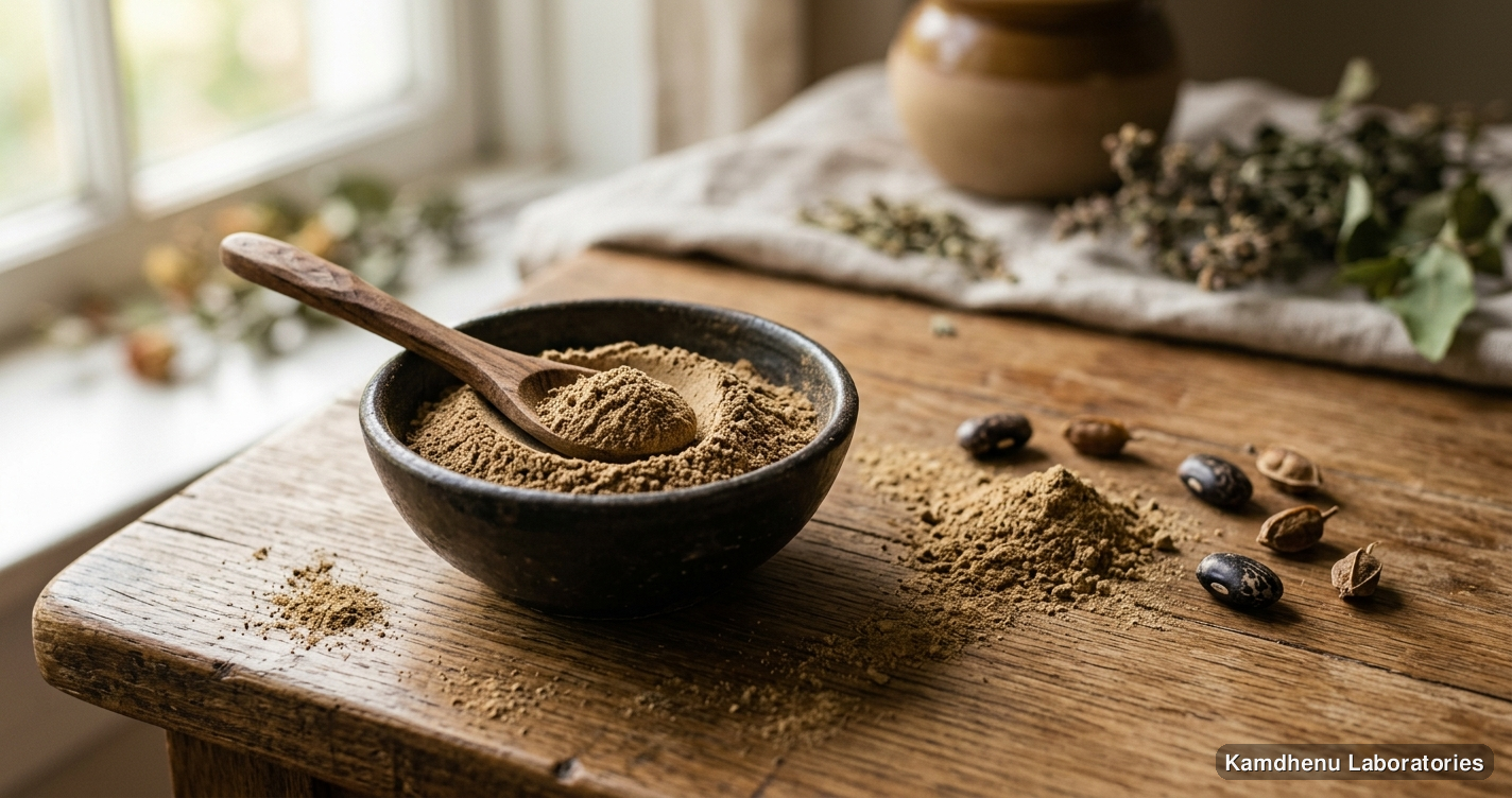 Ayurvedic powder — Kaunch Seed ( Mucuna pruriens ) & Babool Phali Powder ( Acacia arabica ) — 250 g each, photographed in a wellness setting