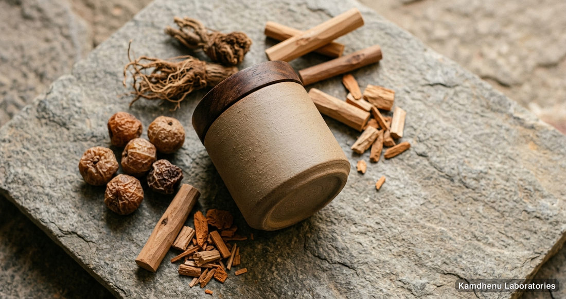 Ayurvedic product — Kesh Shringar Dry Shampoo | 250GM featuring amla, chandan, jatamansi, photographed in a wellness setting