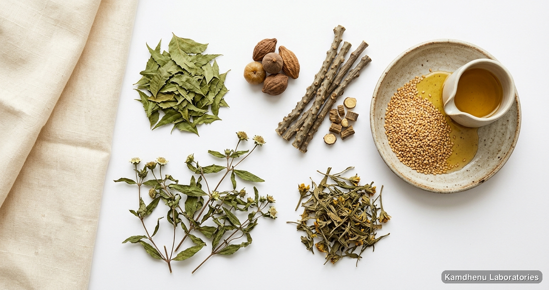 Kesh Shringar Oil | 200ML — Ayurvedic oil containing neem, triphala, giloy. Clean product photograph on a soft light background.