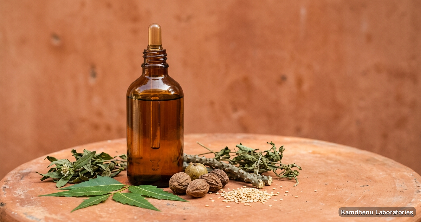 Ayurvedic oil — Kesh Shringar Oil | 200ML featuring neem, triphala, giloy, photographed in a wellness setting