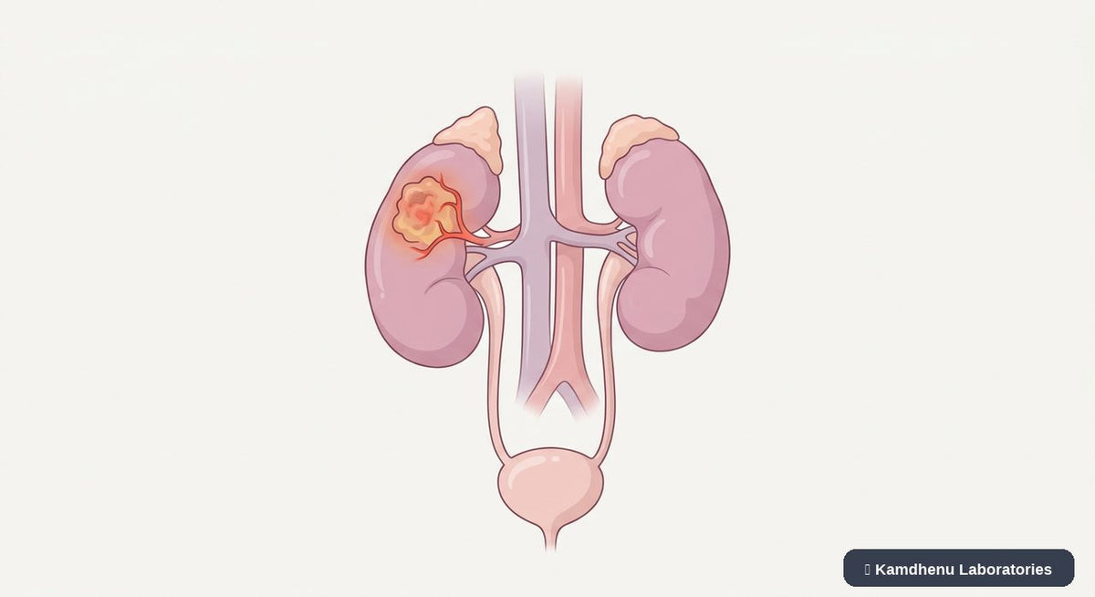 Editorial illustration representing Kidney cancer for the Kamdhenu Laboratories educational wellness blog.