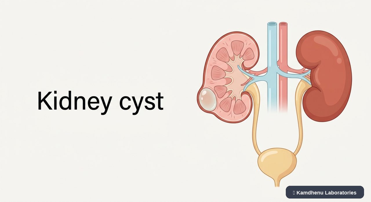 Editorial illustration representing Kidney cyst for the Kamdhenu Laboratories educational wellness blog.