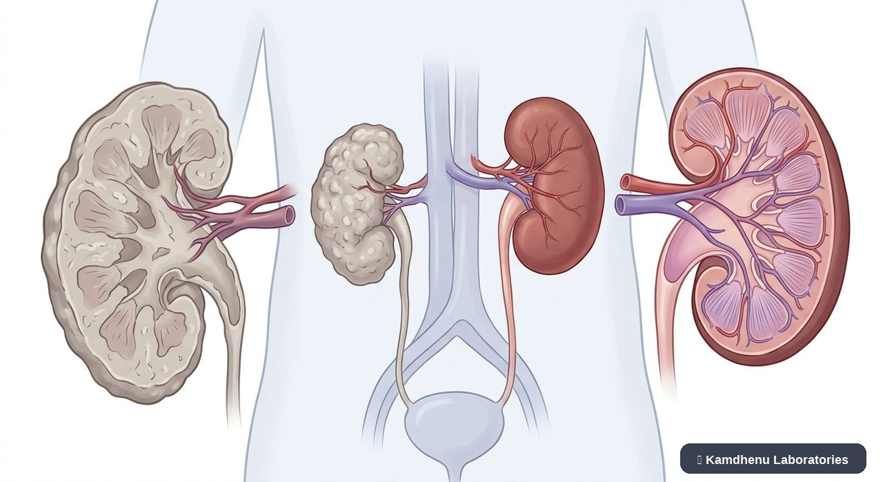 Editorial illustration representing Kidney failure for the Kamdhenu Laboratories educational wellness blog.