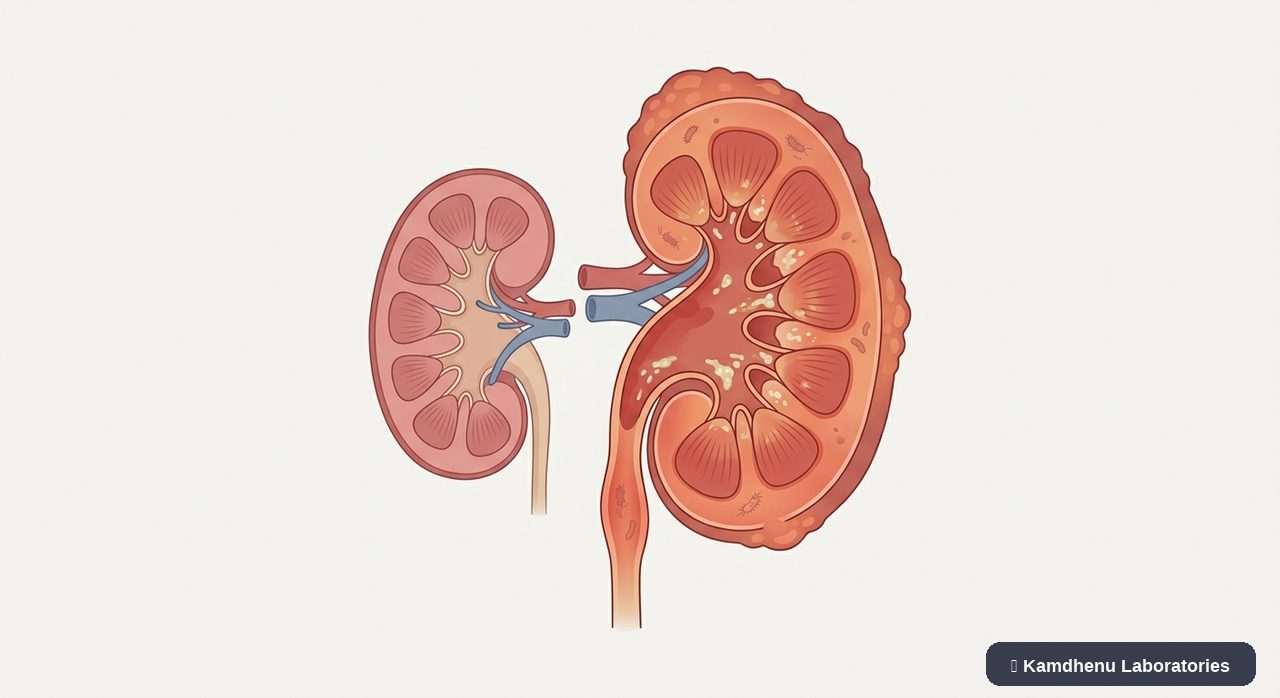 Editorial illustration representing Kidney infection (Pyelonephritis) for the Kamdhenu Laboratories educational wellness blog.