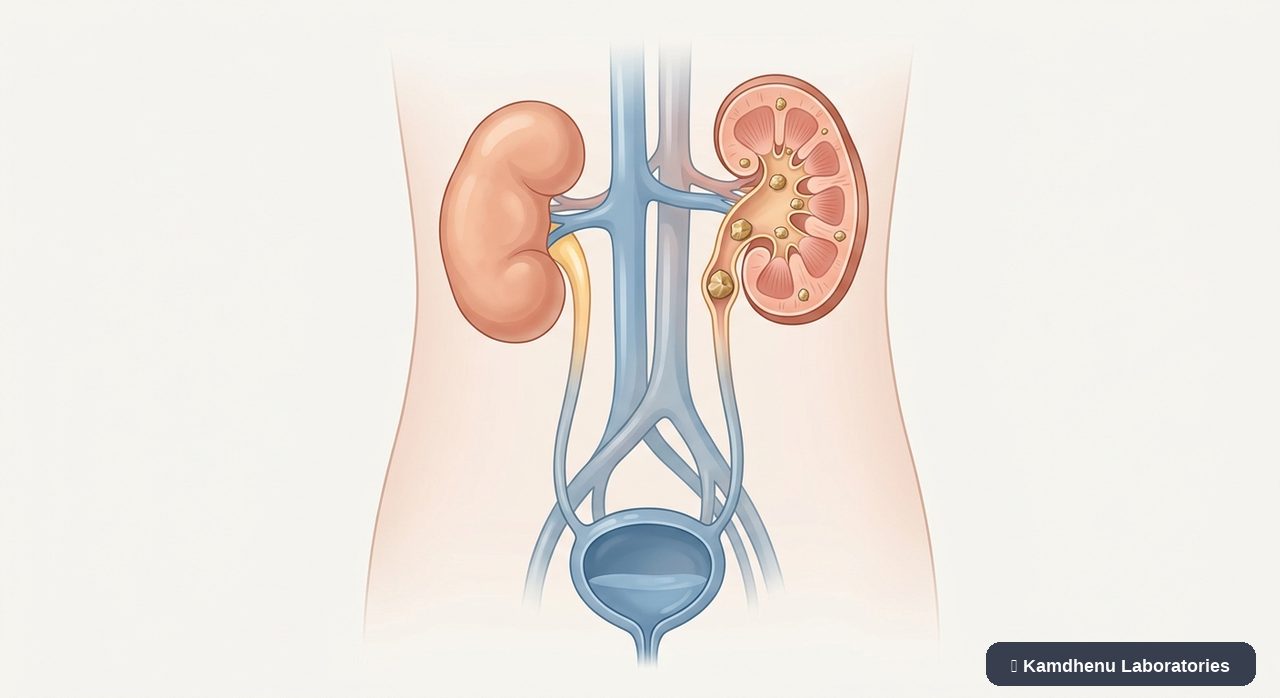 Editorial illustration representing Kidney stones for the Kamdhenu Laboratories educational wellness blog.