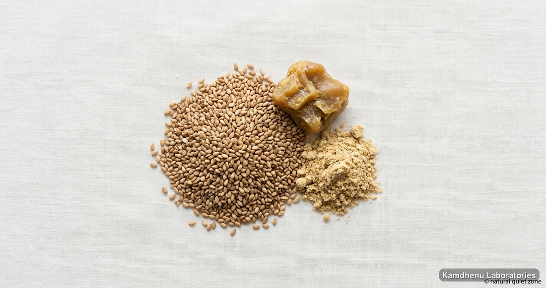 Knee & Joint Pain Relief Kit — Ayurvedic product containing til, hing. Clean product photograph on a soft light background.