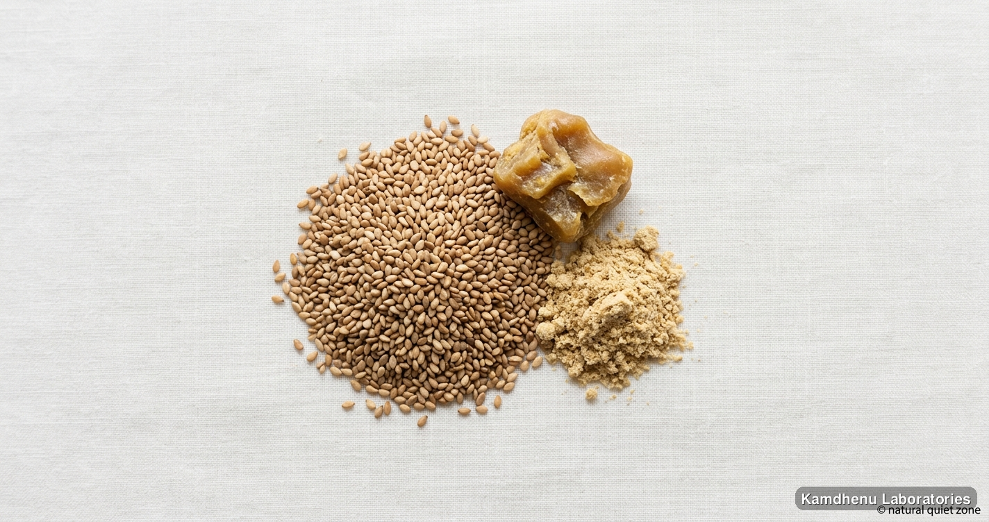 Knee & Joint Pain Relief Kit — Ayurvedic product containing til, hing. Clean product photograph on a soft light background.